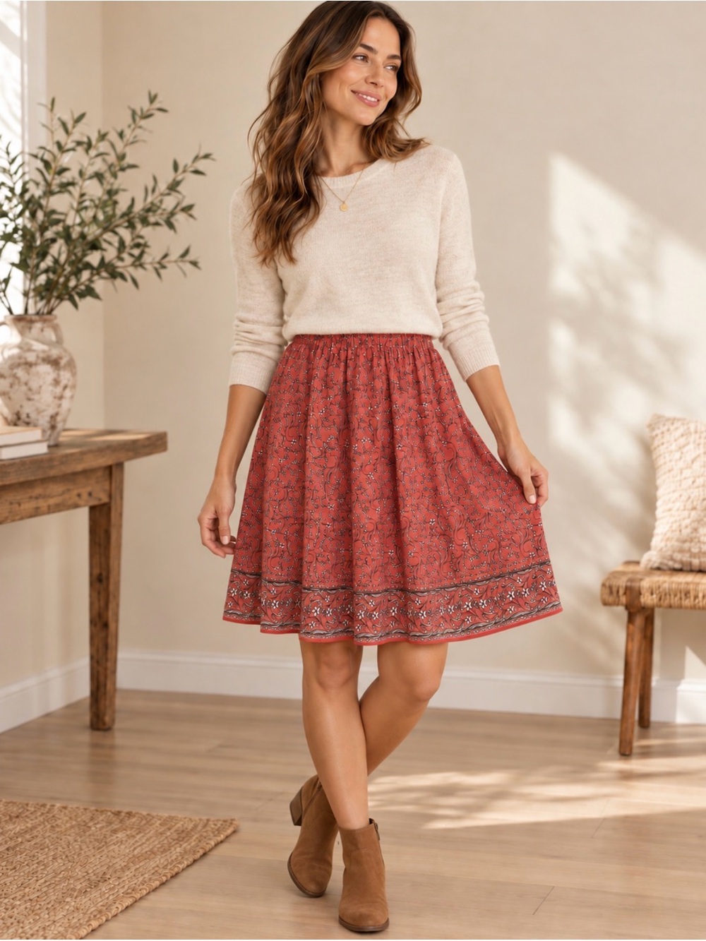 Max Studio Floral Border Print Skirt Small Coral Rust Elastic Waist Boho Cottage